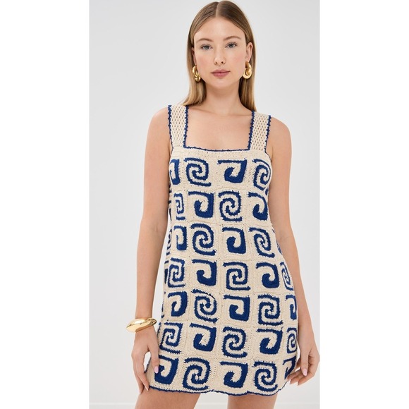 RHODE Goldie Dress Crochet Square Swirl Mini Cream Blue Sleeveless Knit Sz S